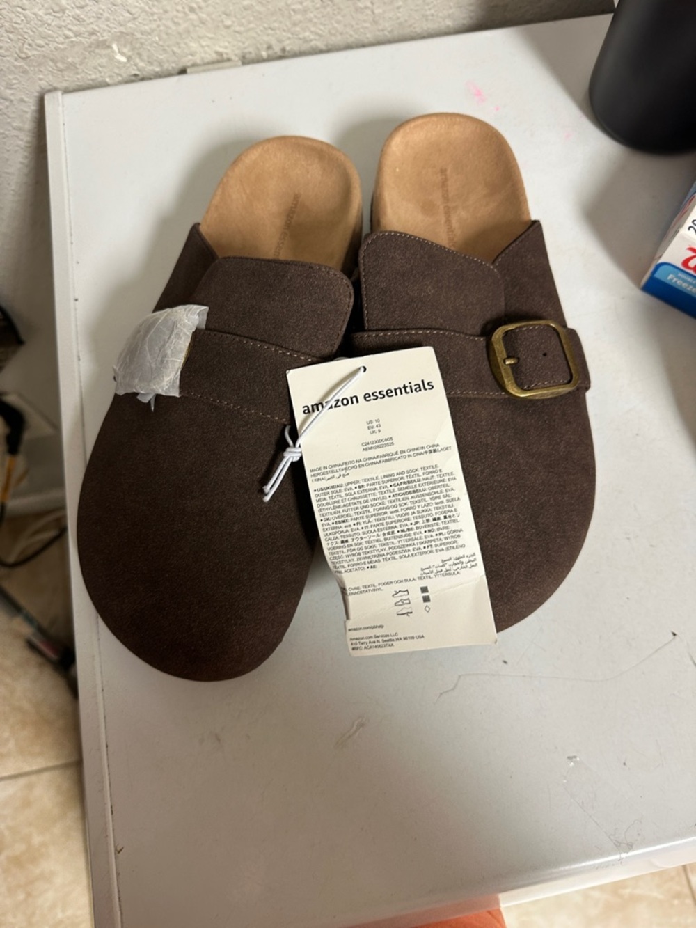 Amazon Essentials Dark Brown Faux Suede Slide Mules with Buckle
